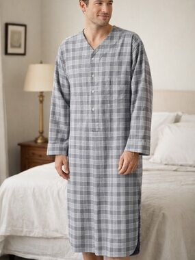 Brooks Brothers Mens Sleep Shirt Soft Cotton Tartan Gray Plaid Size Medium